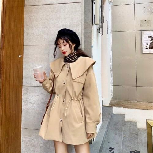 Womens Section Doll Collar Solid Color Trench Coat Pockets Buttons Light Weight Casual Female Windbreak Collection Manteau Femme
