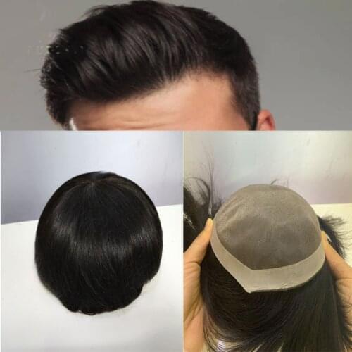 High Quality Men Toupee Hairpieces Black Clored Remy 100% Human Hair Lace With Pu Replacement System Hair Natural Hairline