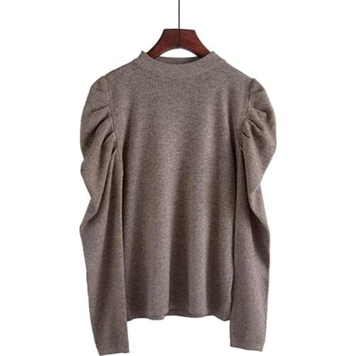 Women Autumn Half Sleeve Solid Color Long Puff Sleeve Knitwear Slim Blouse Top