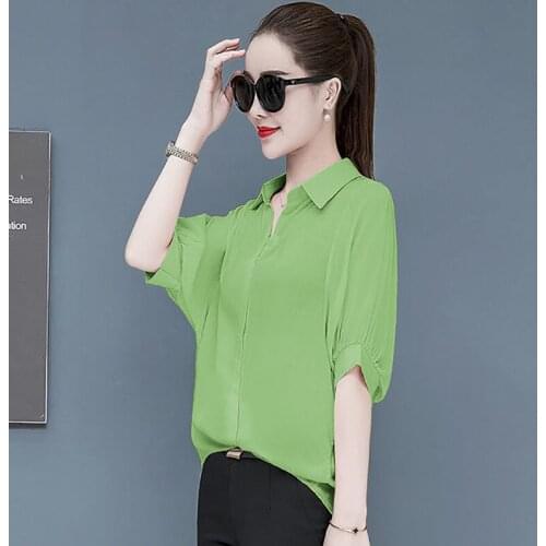 Women Spring Summer Style Chiffon Blouses Shirts lady Casual Half Batwing Sleeve Turn-down Collar Blusas Tops DD8930
