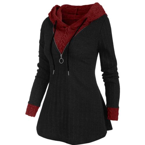 Wipalo Loose Autumn Sweater Women Colorblock Zip Embellished Hooded Sweater Oversized Warm Female Pullovers Casual Jumper Tops