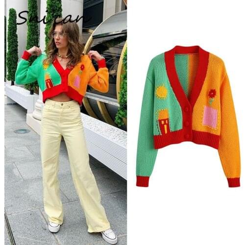 Green Orange Floral Crop Sweater Za 2021 Women Long Sleeve V Neck Sun Moon Knitted Cardigan Chic Tops Gilet Femme Manche Longue