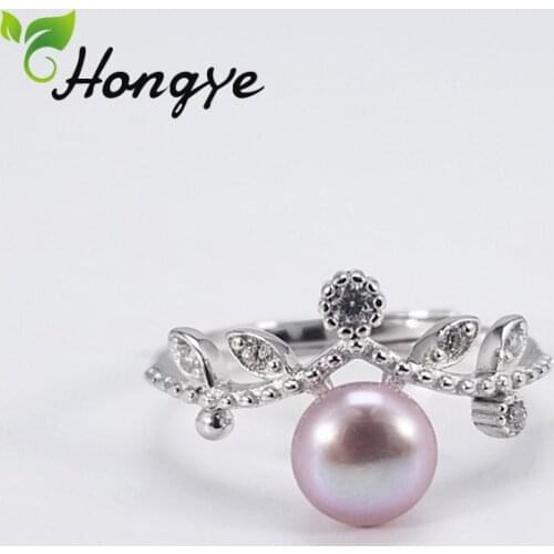 Hongye Girls Pearl Ring White/Purple Beaded Flower Women Jewelry Real Silver 925 Sweet Finger Accessories Stylish Rings for Hand