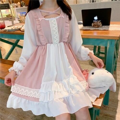 Japanese Summer Women Lolita Dress Cute Kawaii Cross Neck Hollow Out Pink White Dress Student Ruffles Bow Lace Girls Dress 2021