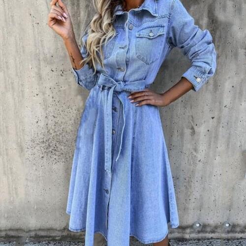 Female Single-Breasted High Waist Denim Dress Shrink-resistant Lapel Belt Long Sleeve Women Midi Dress Streetwear Robe Summer