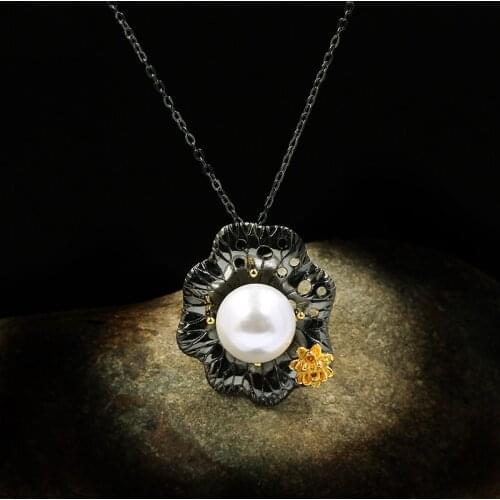 Exquisite Flower Freshwater Pearl Pendant Necklace Wild Black Gold 925 Silver Ladies Jewelry Sweater Chain Banquet Jewelry