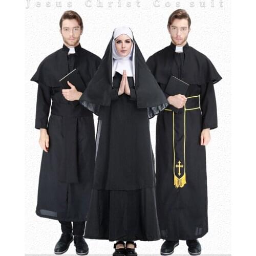 M-XL 2020 New Men Women New Lovers Maria Priest Halloween Masquerade Cosplay Jesus Costume Woman man adult Black Nun Robes