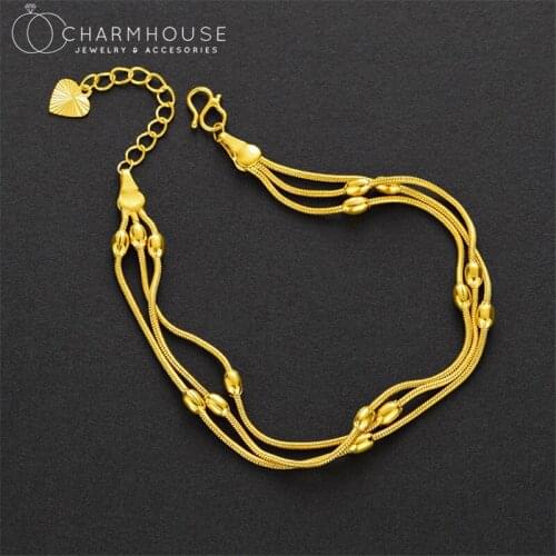24K Yellow Gold GP Charm Bracelets For Women Three Layer Bead Snake Chain Bracelet Pulseira Femme Trendy Jewelry Bijoux Gift