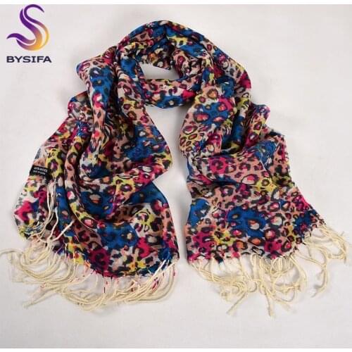 [BYSIFA] Leopard Print Wool Scarves Women Fashion Brand 100% Wool Winter Long Scarf Shawl Spring Blue Pink Scarf Cape 182*67cm
