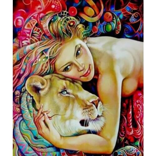 DIY 40X50 Oil Painting By Numbers Woman hugging lion paint by numbers On Canvas Home Decor Digital Painting chrismas