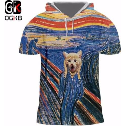 OGKB Casual Hoodies T-shirt Mens Funny Print Animal Cat 3D Hooded T Shirt Colorful Striped Fashion Harajuku Hip Hop Unisex Top