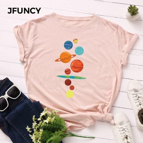 JFUNCY Plus Size Women T Shirt New Planet Print T-shirts Female Short Sleeve Cotton Tees Tops Woman Summer Tshirt
