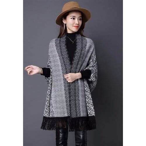 Long-sleeved Fashion Striped Pattern Cardigan Sweater Cape Female Hem Tassel Decoration Ethnic Style Sweater Poncho Women Spring