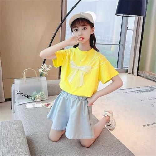 Girls Sets 2021 Summer New Style Teen Kids Girls Clothes White Bow T-Shirt+Pants 2Pcs Children Clothing