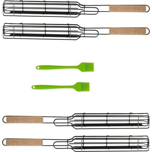 4 Pcs Kabob Grilling Basket with 2Pcs Silicone Brush,Reusable Durable Wooden Handle Barbecue Tool Grill Basket Grill Net