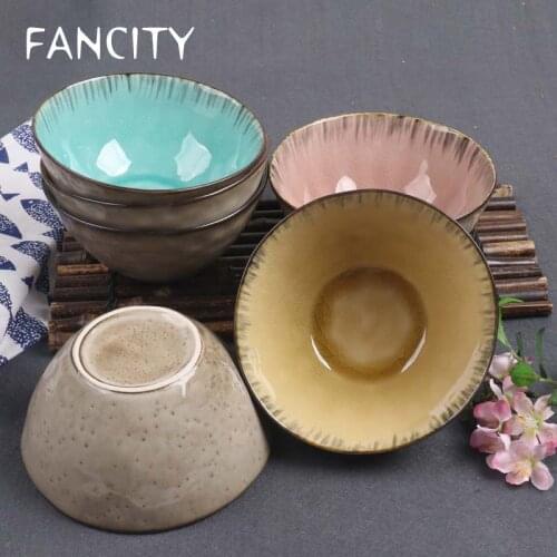 FANCITY Creative Japanese and Korean Ice Cracked Glaze Retro Ceramic Tableware Bowl Household Personality Small Soup Bowl Rice B