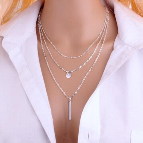 Simple Fashion Jewelry wholesale Multi Layer Necklace For Women Copper Beads Chain Circular Sequin Strip Pendant Necklace