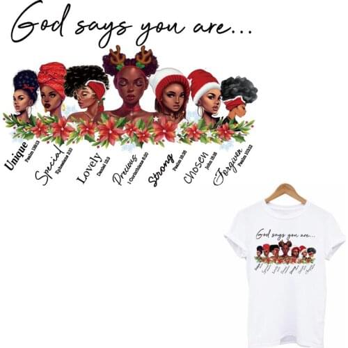 Fashion Christmas Patches For Clothes DIY Washable Glitter Heat Transfer Black Girl Iron On Transfer Sticker Clothes Decoration