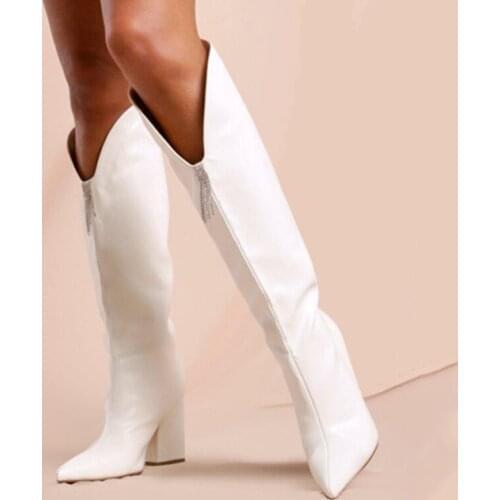 Arden Furtado 2021 Fashion Winter Chunky Heels Pure Color White Slip-on fashion Knee High Boots Classics Chunky Heels Big size