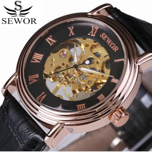 SEWOR Luxury Brand Men Watch Rose Gold Genuine Leather Skeleton Casual Watches Mechanical Wrist watch Mans clock Reloj Hombre