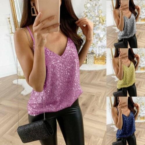 Solid Color Women Vest Sexy Sequined Spaghetti Straps Top Pullover Women Sexy Vest Sleeveless Vest