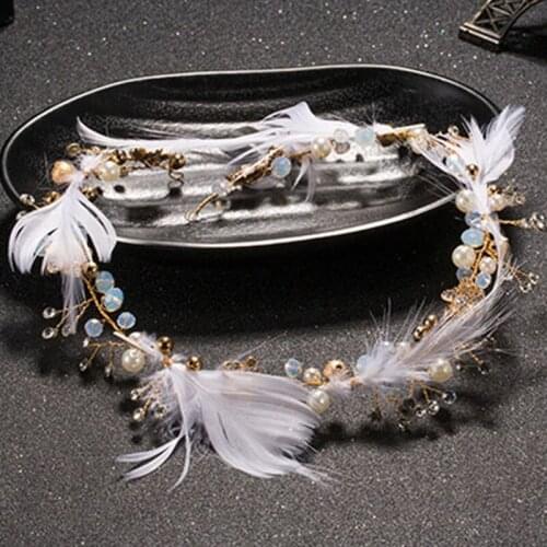 White Feather Headband Bridal Hair Jewelry Sweet Rhinestone Pearl Tiaras Headdress Wedding Headpiece Women Hair Accessories LB