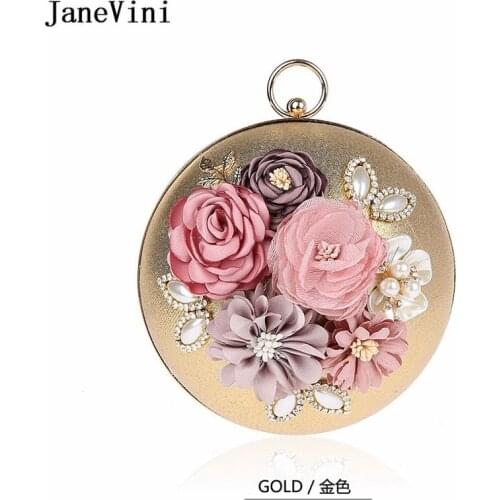 JaneVini Luxurious Gold Silver Wedding Clutch Round Ball Artificial Flowers Pearls Rhinestone Bridal Handbag Ladies Clutch Bag