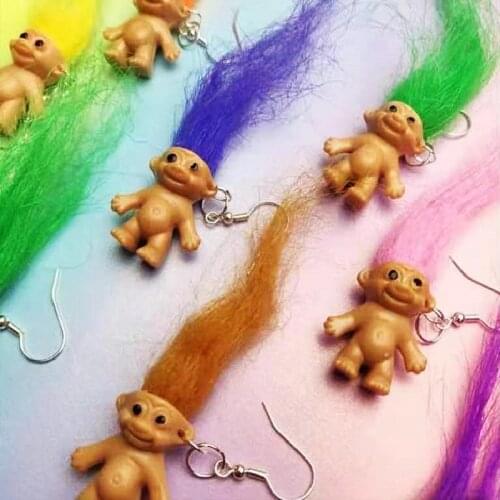 New Hip Hop Cute Retro Nostalgic Russia Troll Doll Dangle Earring Earhook Rings Colorful Hair Weird Baby Creative Jewelry