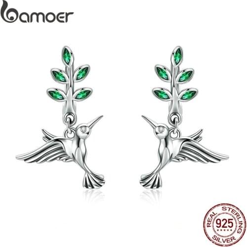 BAMOER 100% Genuine 925 Sterling Silver Hummingbirds Greetings Bird Stud Earrings for Women Fashion Earrings Jewelry SCE464