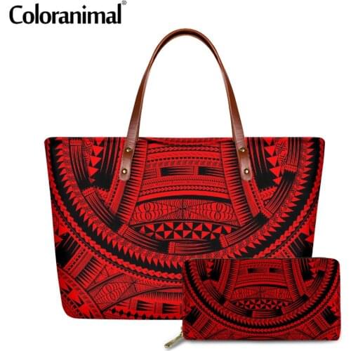Coloranimal Polynesian Design Print Tote Handbag for Women Ethnic Style Shoulder Bag Ladies 2Pcs/Set Crossbody Bag With Wallet