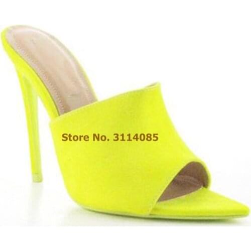 Women New Year Fluorescent Yellow Suede Open Toe Sandals Thin High Heel Slippers Dress Shoes Neon Yellow Nightclub Party Shoes