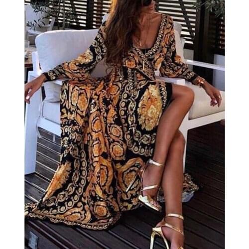 Bohemian Dress Women 2019 V Neck Long Sleeve Print Maxi Dress Ladies Sexy Party Evening Long Dresses Elegant Beach Dress