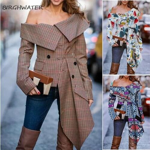 Womens Coat Fashion Irregular Plaid Shirt Off-The-Shoulder Sexy Long-Sleeved Jacket Autumn Office Lady Elegant Suit Jackets