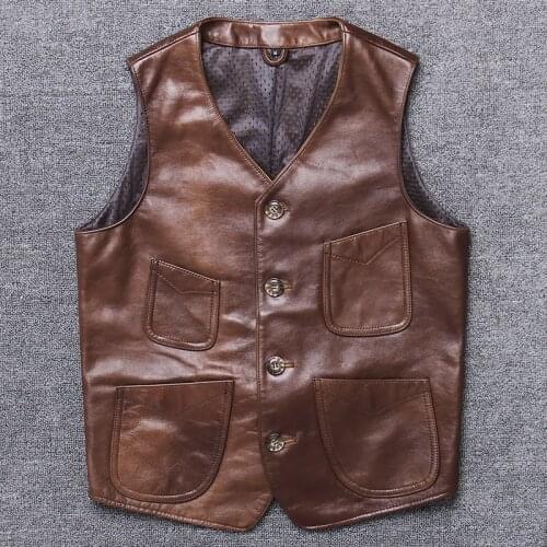 New Stylish Genuine Leather Vests Men Real Sheep Skin Motorcycle Leather Waistcoats Brown Casual Many Pockets Male Biker Gilet