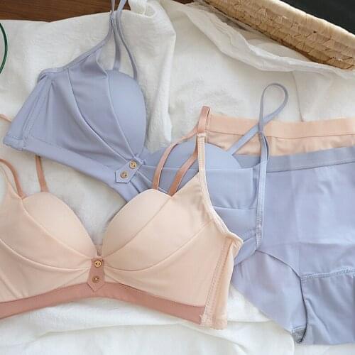 Wriufred Pure color wrinkled girl underwear breathable honeycomb lingerie no trace no steel ring small chest gathered bra set