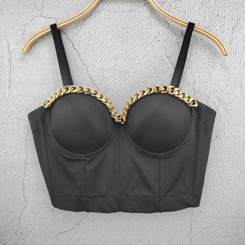Cupplee Metal Chains Decor Women Spandex Crop Top Spaghatti Strap Bustier Sexy Push-Up Clubwear Ladies Designer Corset Bralette