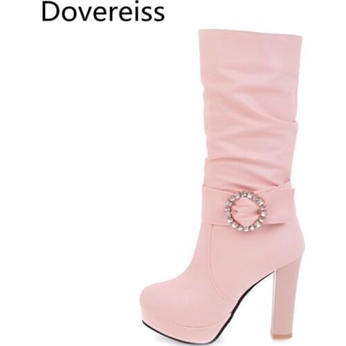Dovereiss Fashion Female boots Winter Elegant new sexy pink white consice platform Knee high boots Zipper Block heels 43
