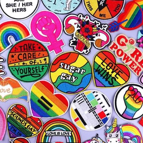 Gay LGBT Pride Iron on Patches on Clothes Feminist Rainbow Clothing Thermoadhesive Patch for Cloth Colorful Round Heart Stickers