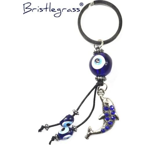 BRISTLEGRASS Turkish Blue Evil Eye Rhinestone Dolphin Key Chain Ring Holder Keychain Amulet Lucky Charm Pendant Blessing Protect