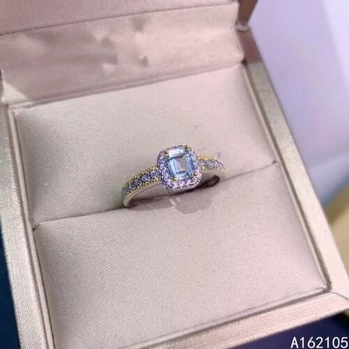 925 pure silver Chinese style natural Aquamarine womens fresh elegant rectangle adjustable gem ring fine jewelry support detect