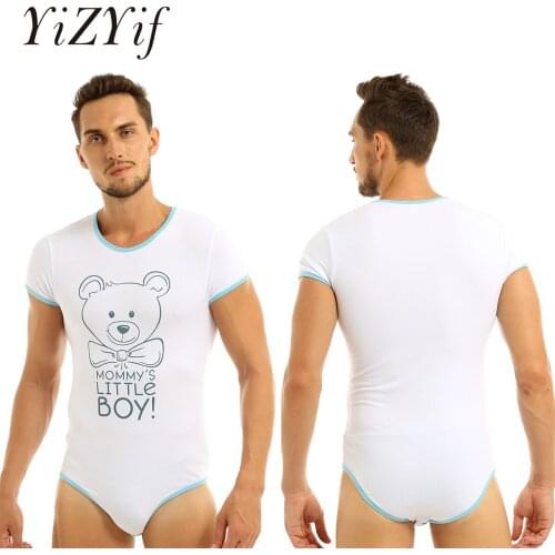Mens Erotic Lingerie Bodysuit Adult Baby Diaper Lovers Bodysuit Mommys Little Boy Print Press Crotch Leotard Romper Pajamas