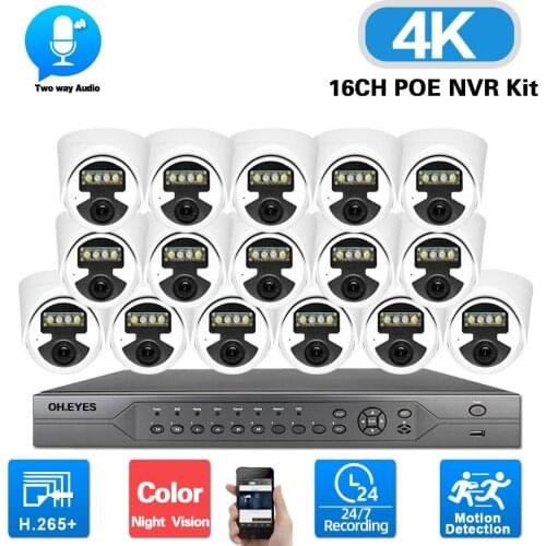 16 Channel 4K POE NVR Kit H.265 8MP 2 Way Audio Color Night Vision Home IP Security Dome Camera Set CCTV Video Surveillance Kit