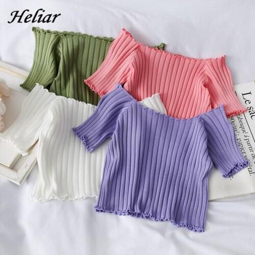HELIAR Women T-shirts Knitting Crop Tops Women Short Sleeve Stretchy Ruffles Hem T-shirts Stripes Tops For Women Off Shoulder
