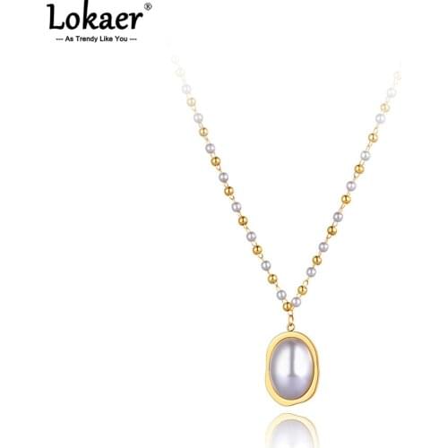 Lokaer Trendy Titanium Stainless Steel Oval White Pearl Choker Necklace Jewelry Bohemia Party Pendant Necklace For Women N21104