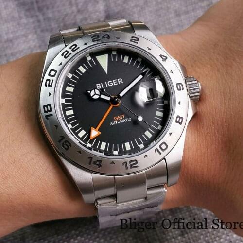 BLIGER Black 43mm GMT Automatic Men Watch Orange Hand Brushed Oyster Bracelet Steel Fixed Bezel Black Hand Sapphire Glass