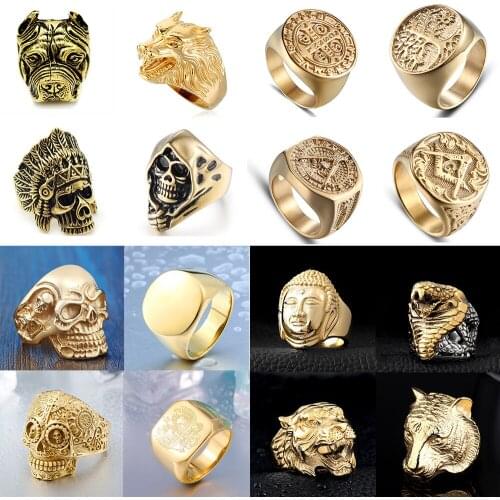 Golden Rings For Men Titanium Steel Animals Snake Tiger Wolf Religion Rings Crystal Demon Skull Punk Vintage Style Finger-Ring