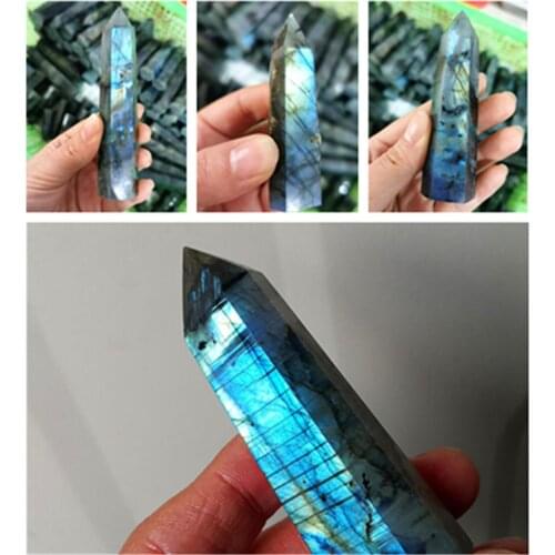 Natural Crystal Labradorite Hexagonal Column Crystal Point Wand Mineral Ornament Reiki Energy Crystal Tower
