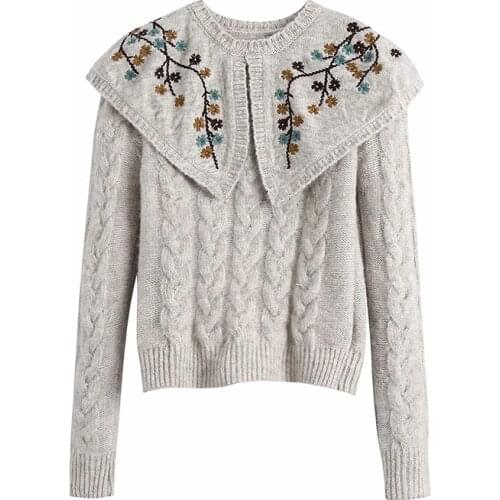 Women New Retro Sweet Flower Embroidery Lapel Sweater Female Simplicity Long Sleeve Pullover Chic Top