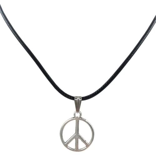 New Durable Black Faux Leather Peace Sign Symbol Pendant Cord Choker Diy Necklace Retro Boho Tibetan Silver Color
