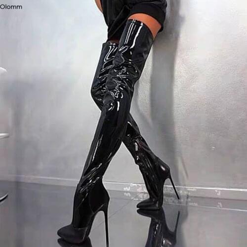 Olomm New Women Thigh High Shiny Boots Sexy Stiletto Heels Boots Pointed Toe Charm BlackNight Club Shoes Women Plus US Size 5-15